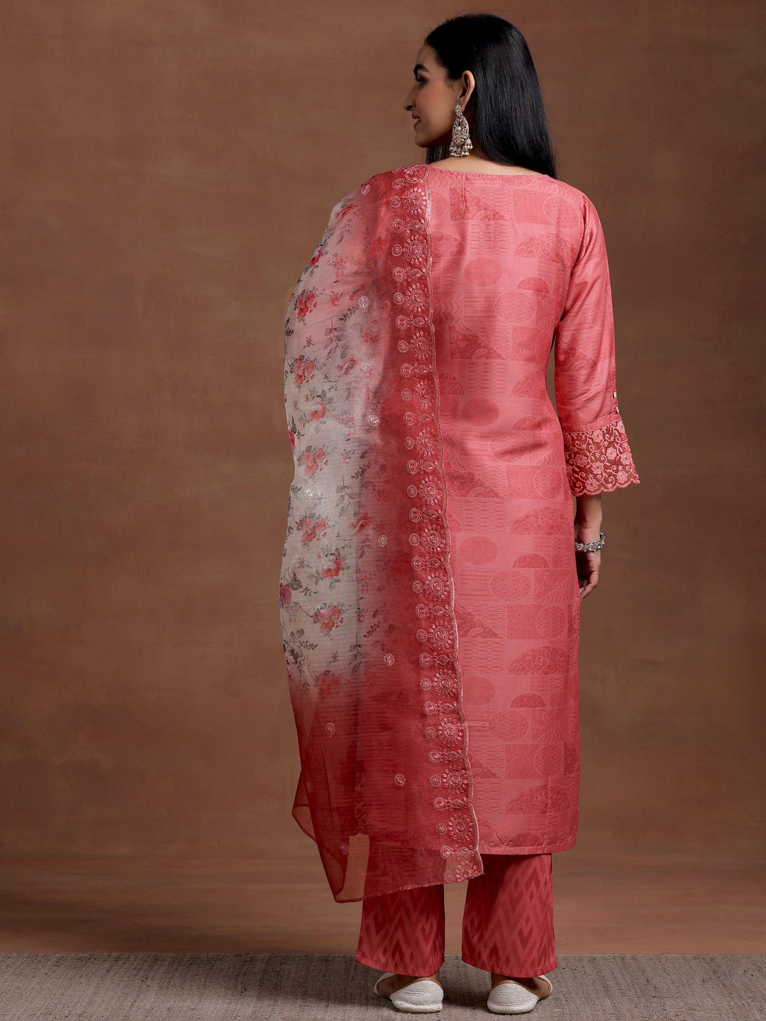 Peach Embroidered Silk Blend Straight Suit With Dupatta - Libas