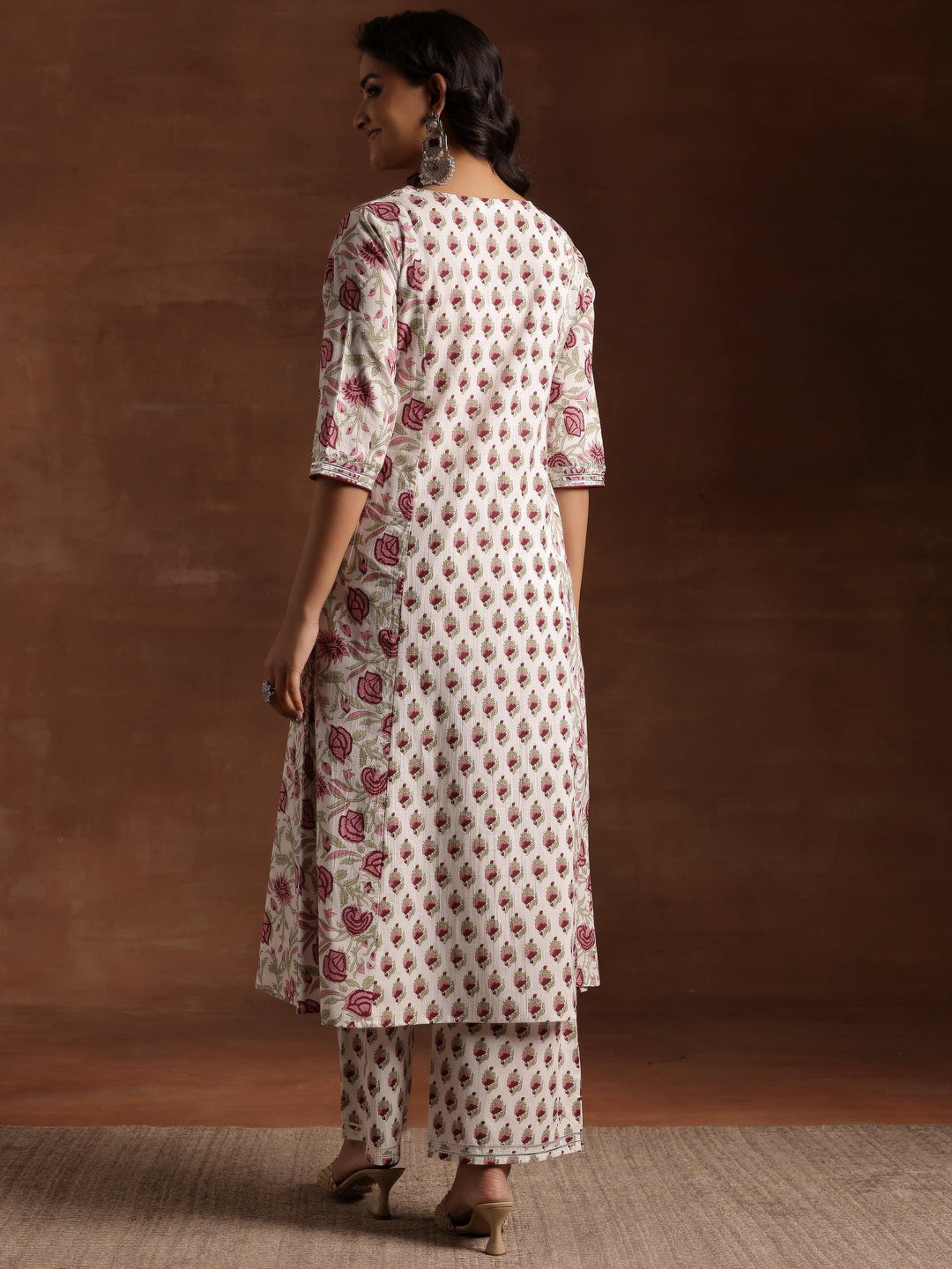 Off white Printed Cotton A-Line Kurta With Palazzos - Libas 