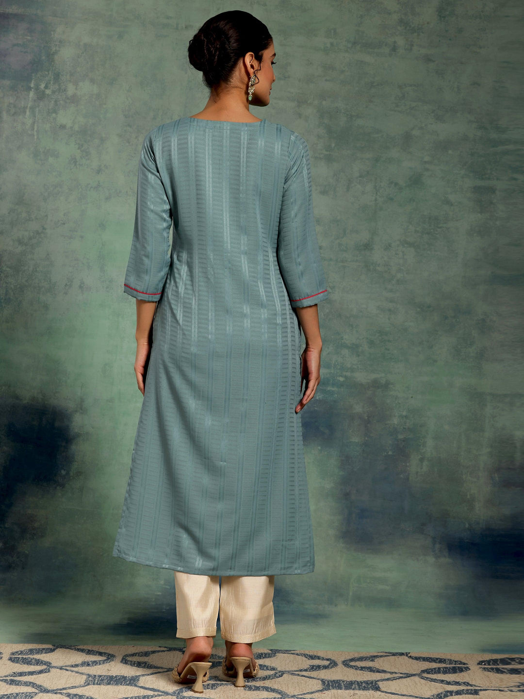 Blue Yoke Design Silk Straight Kurta - Libas 