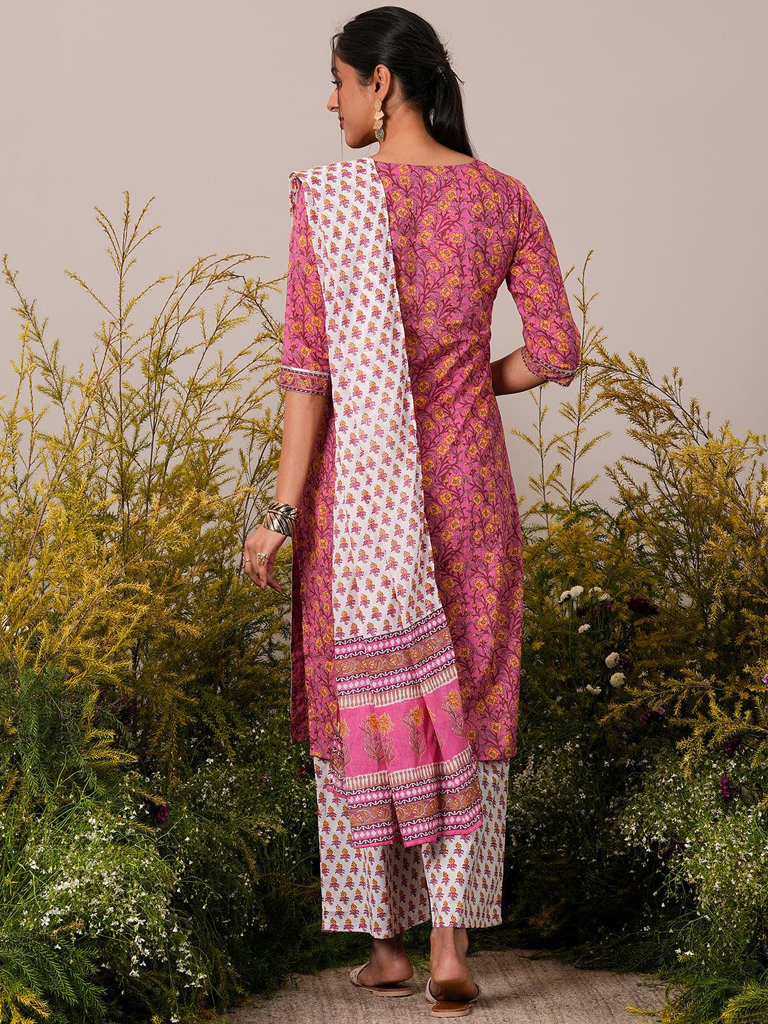 Pink Printed Cotton Straight Suit With Dupatta - Libas 