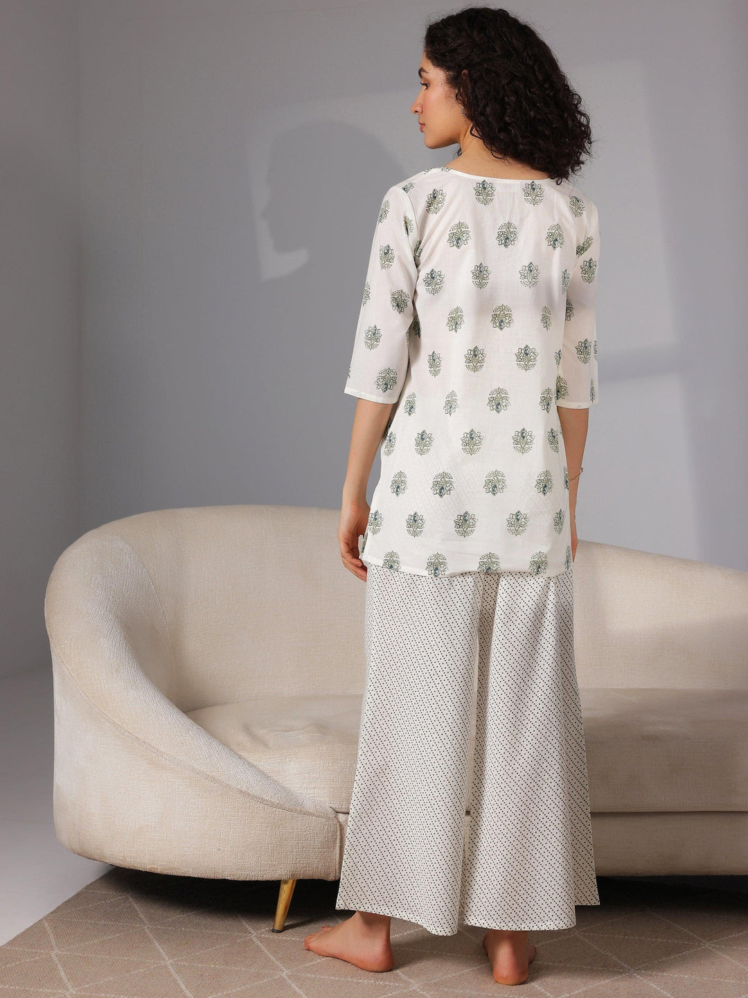 Cream Printed Cotton Night Suits - Libas 