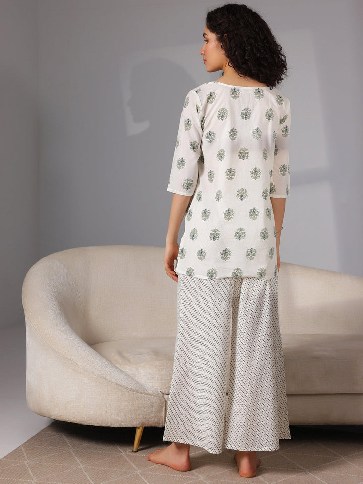 Cream Printed Cotton Night Suits - Libas