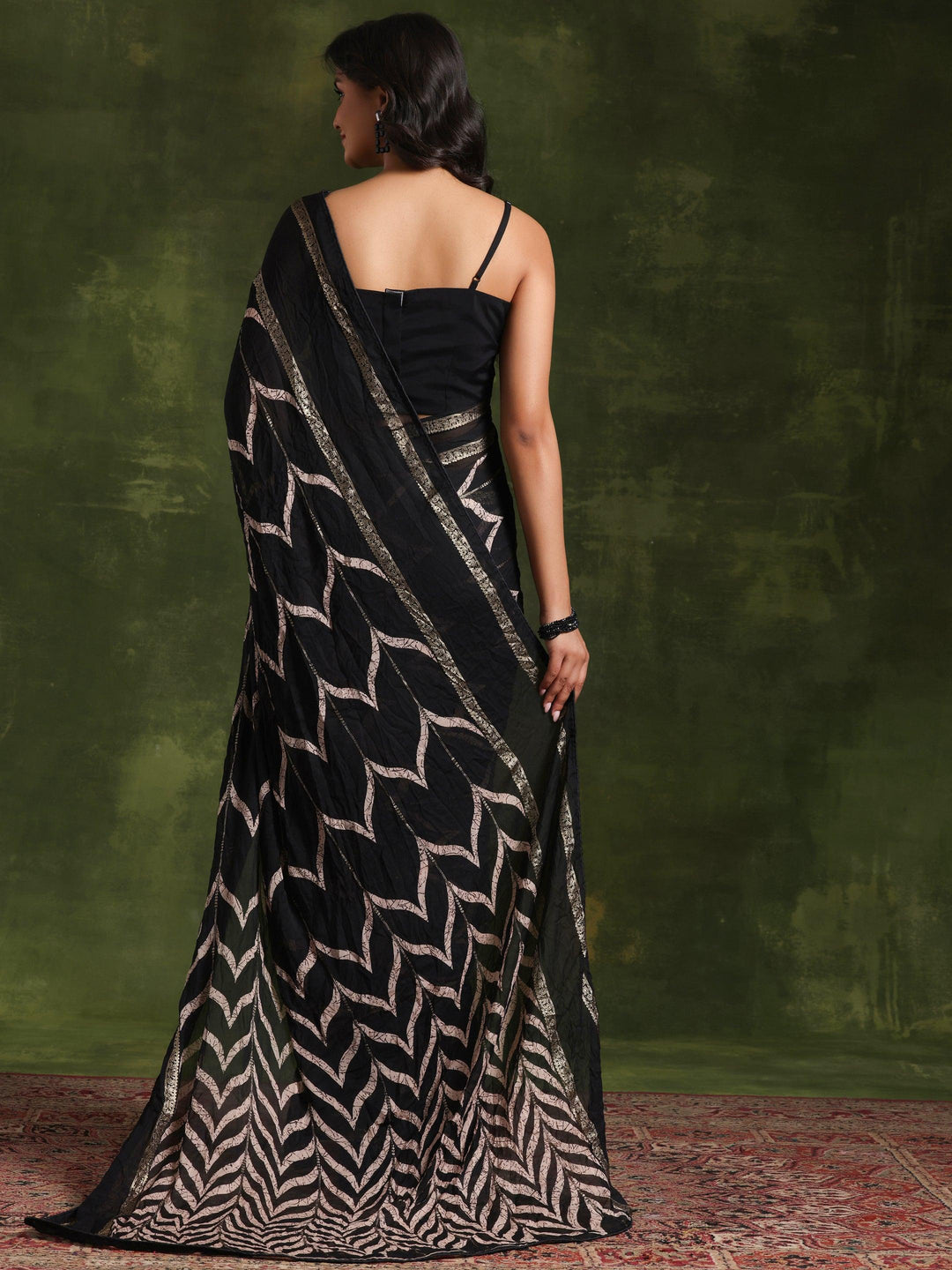 Black Printed Poly Georgette Saree With Unstitched Blouse Piece - Libas