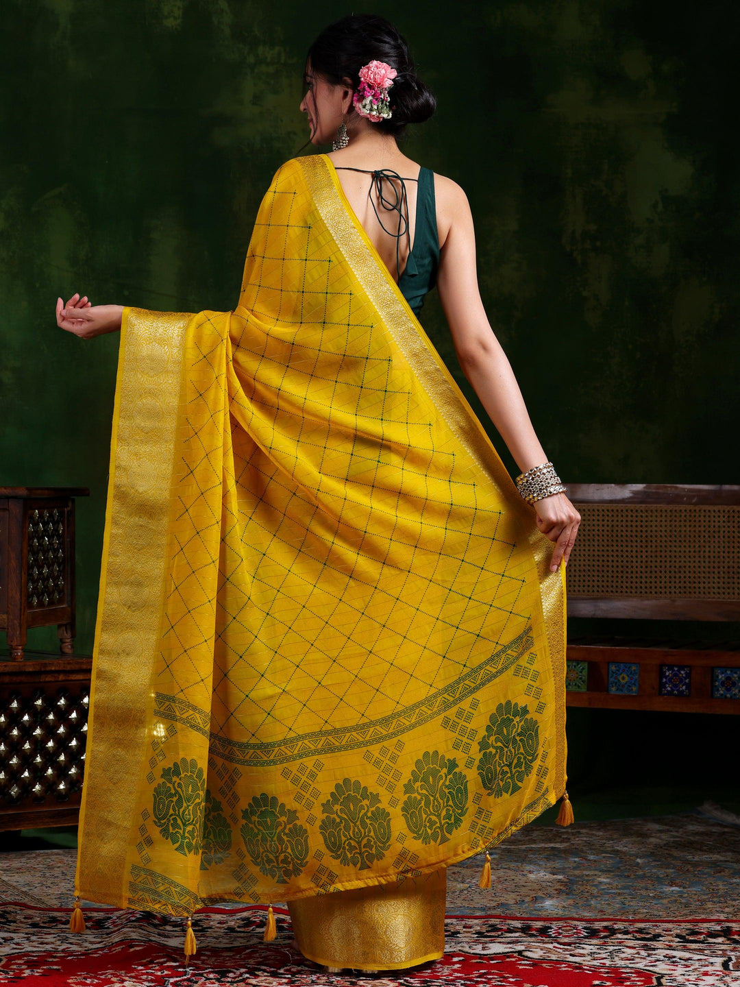 Mustard Printed Silk Blend Saree With Unstitched Blouse Piece - Libas 