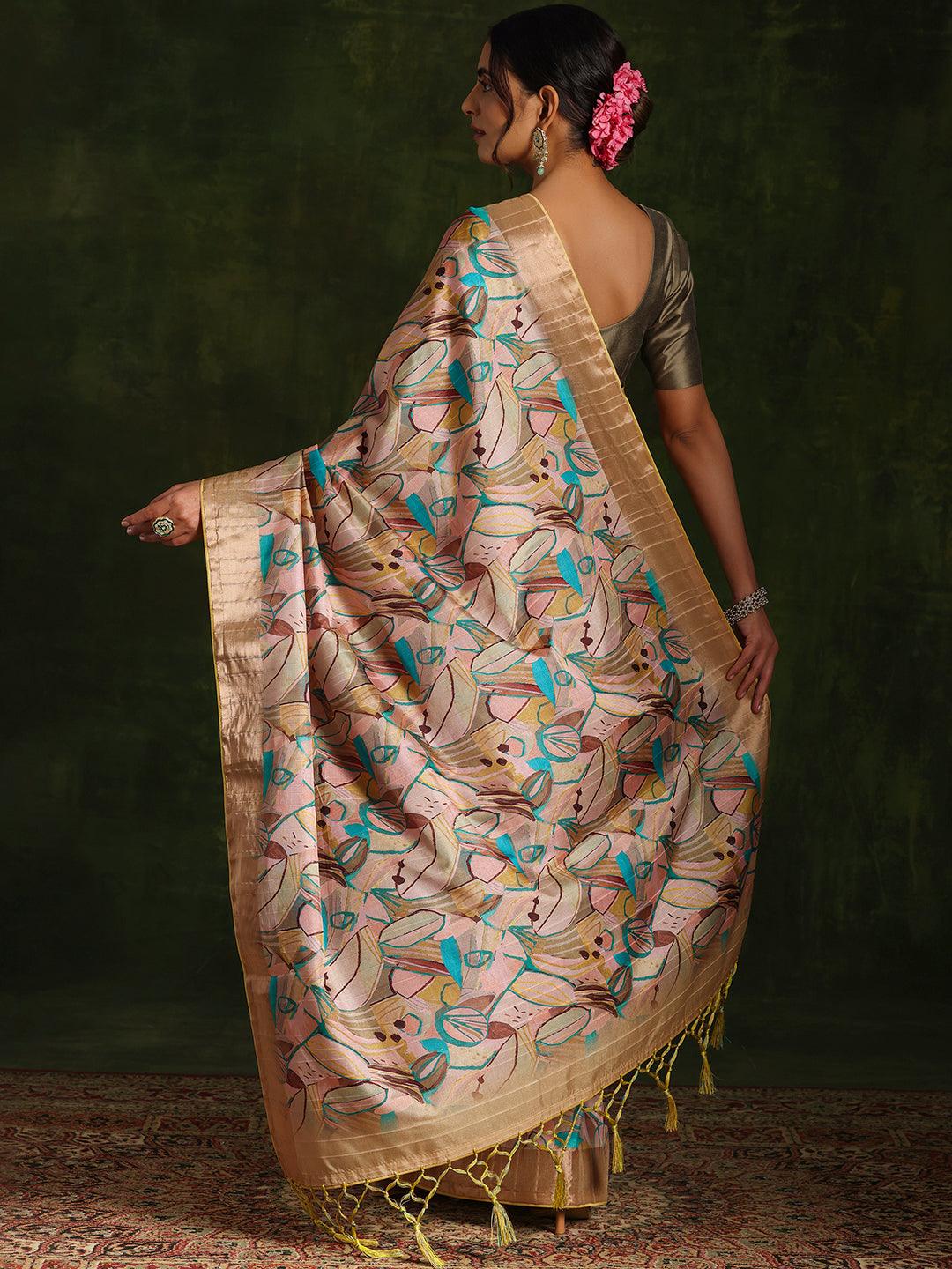 Green Printed Silk Blend Saree With Unstitched Blouse Piece - Libas