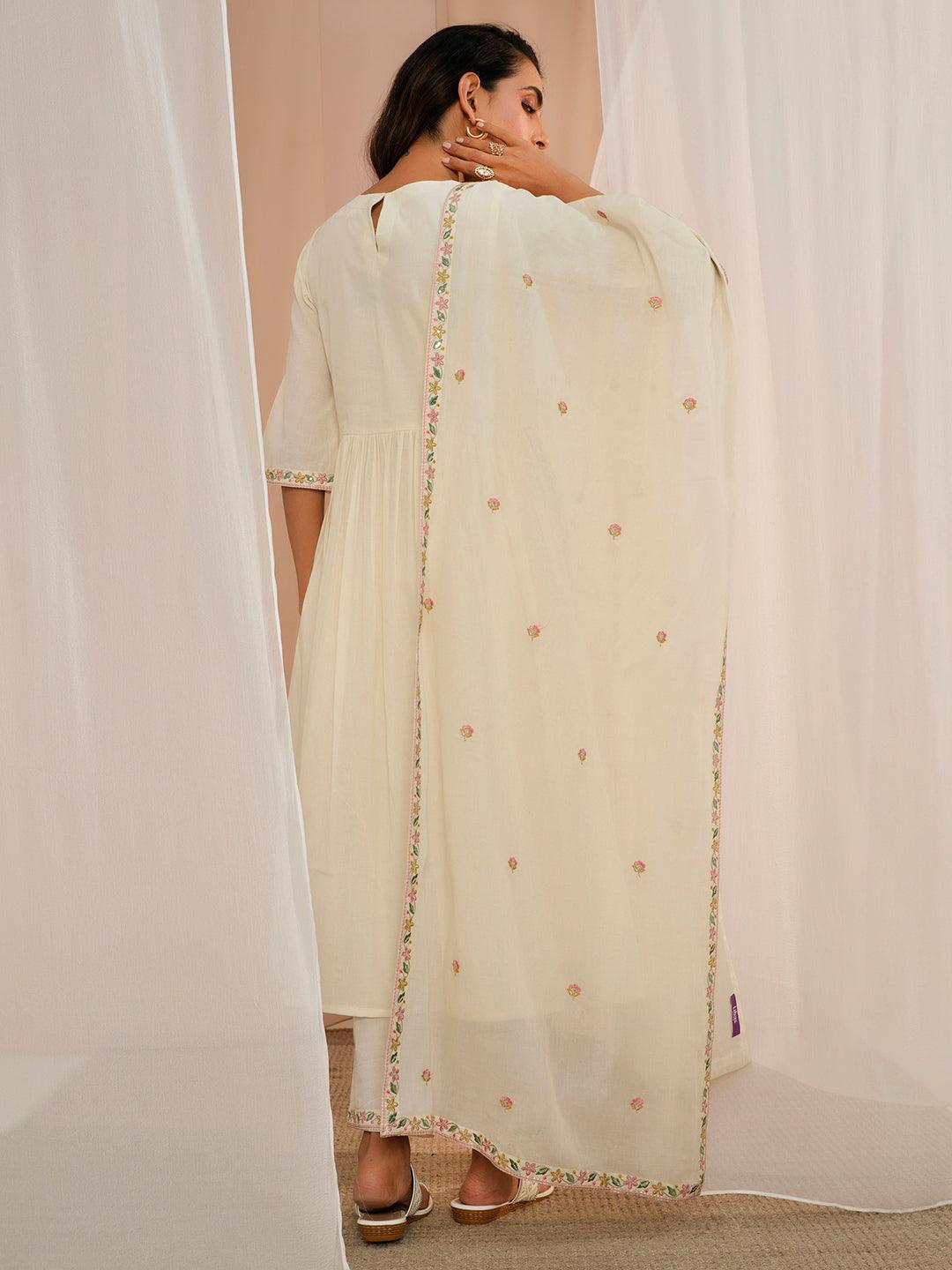 Off White Yoke Design Cotton A-Line Kurta With Palazzos & Dupatta - Libas 