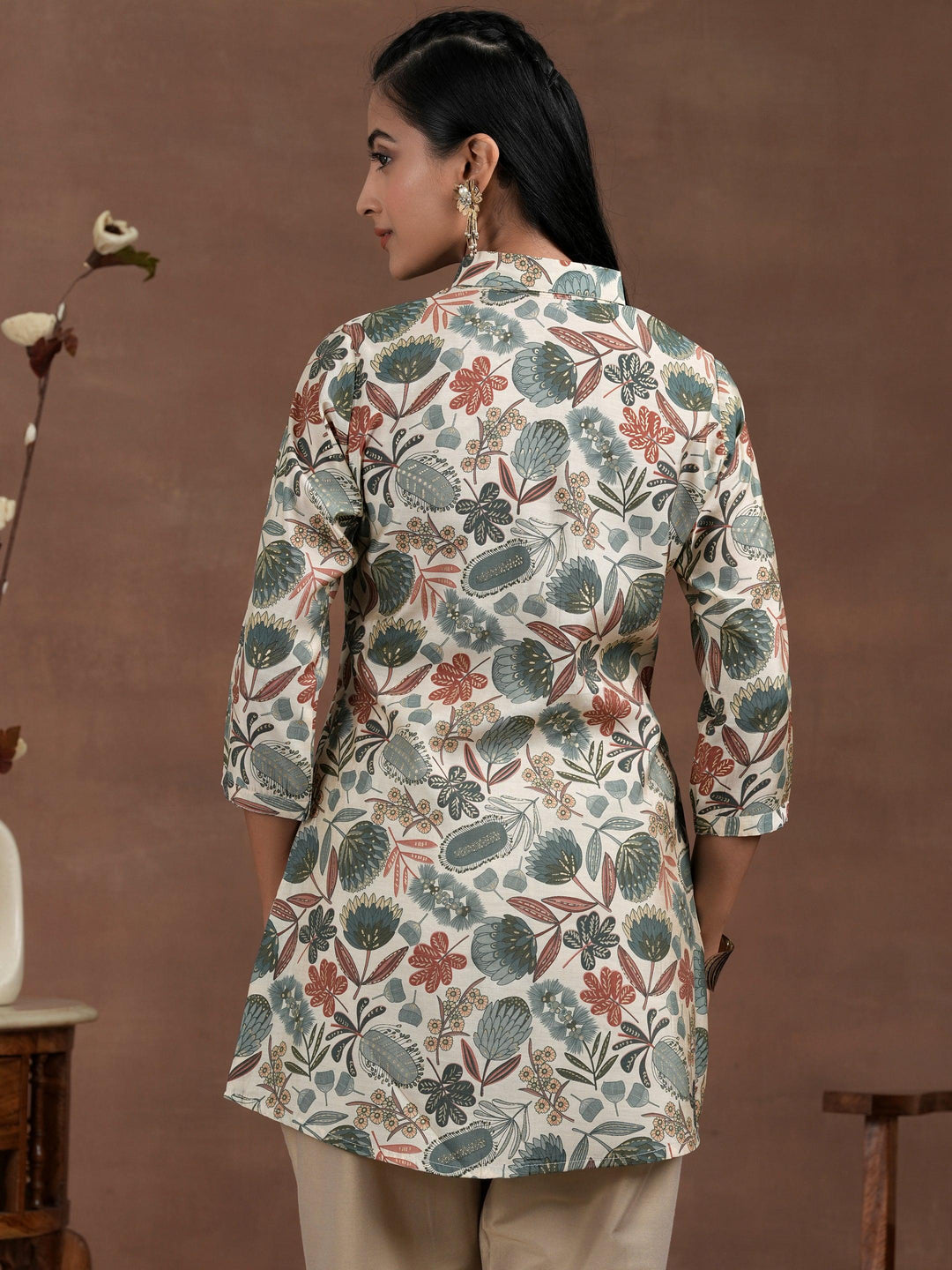 Beige Printed Silk Blend Straight Kurti - Libas 