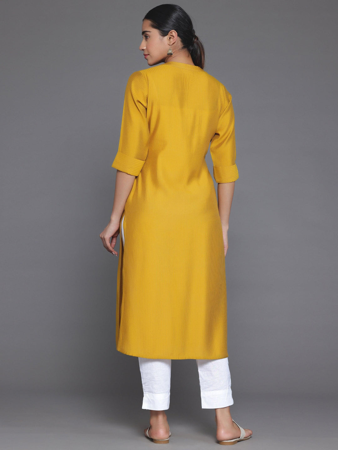 Mustard Woven Design Silk Straight Kurta - Libas 