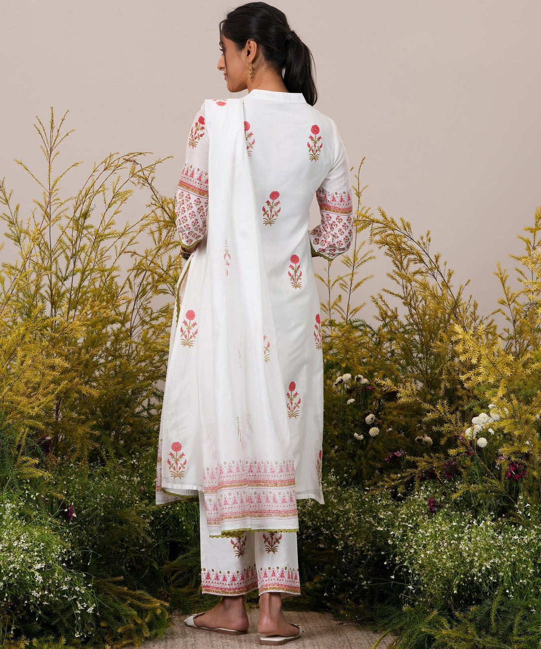 White Printed Chanderi Silk Straight Suit With Dupatta - Libas