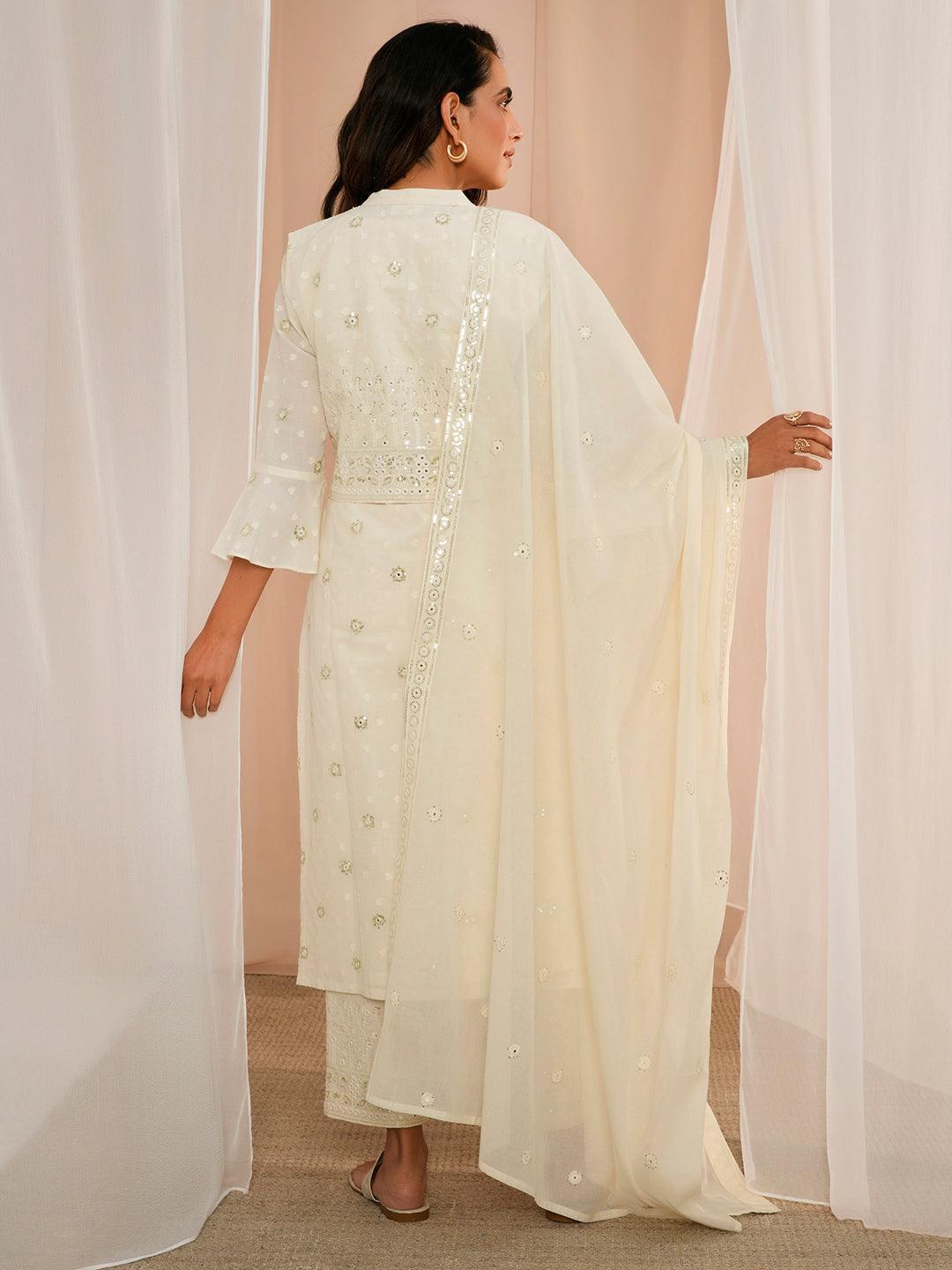 Off White Embroidered Cotton Straight Suit With Dupatta - Libas 