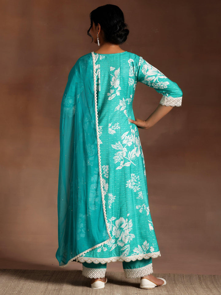 Abidaah Green Printed Silk Blend A-Line Kurta With Trousers & Dupatta - Libas