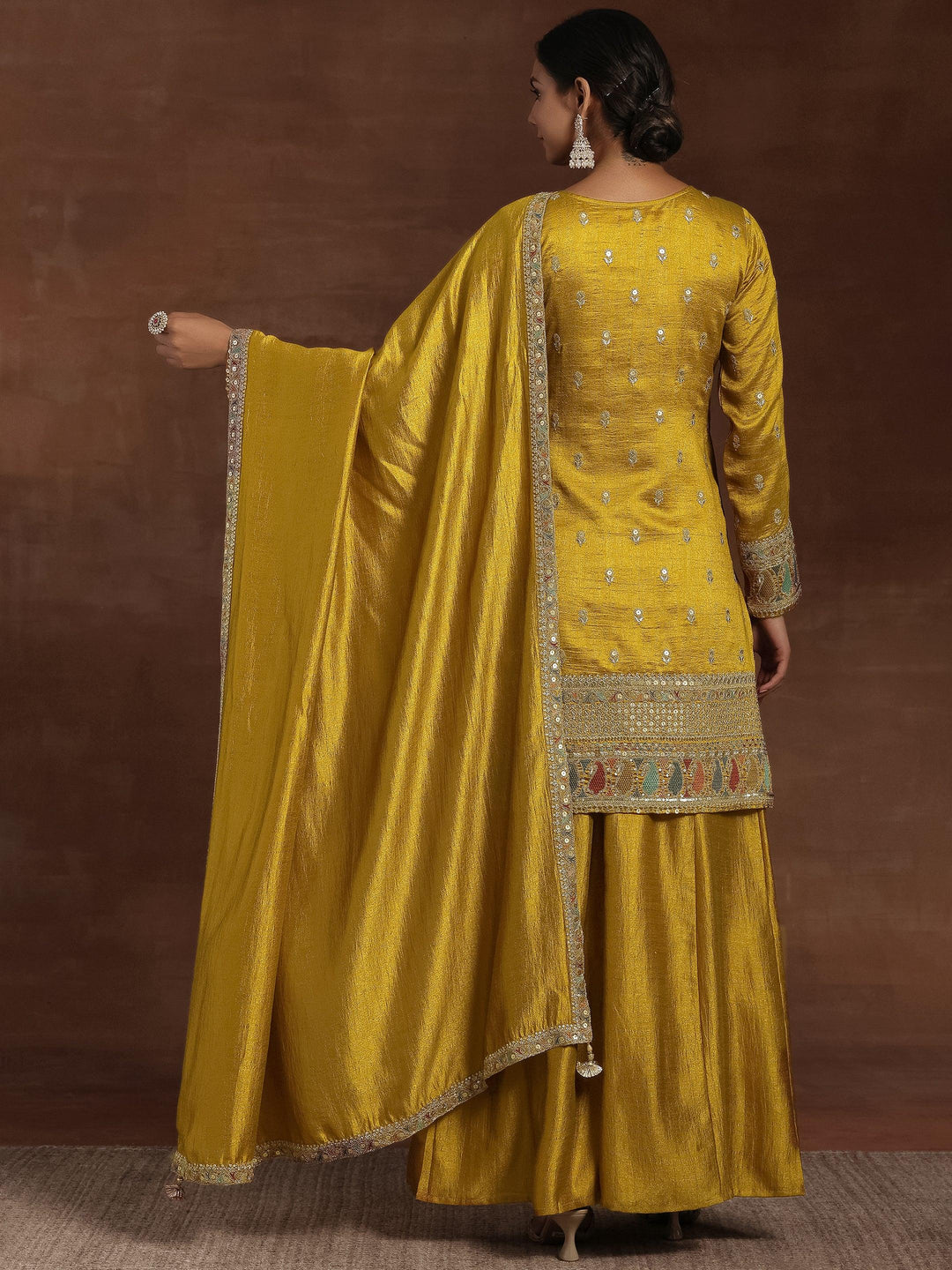 Mustard Embroidered Silk Blend Straight Kurta With Palazzos & Dupatta - Libas 