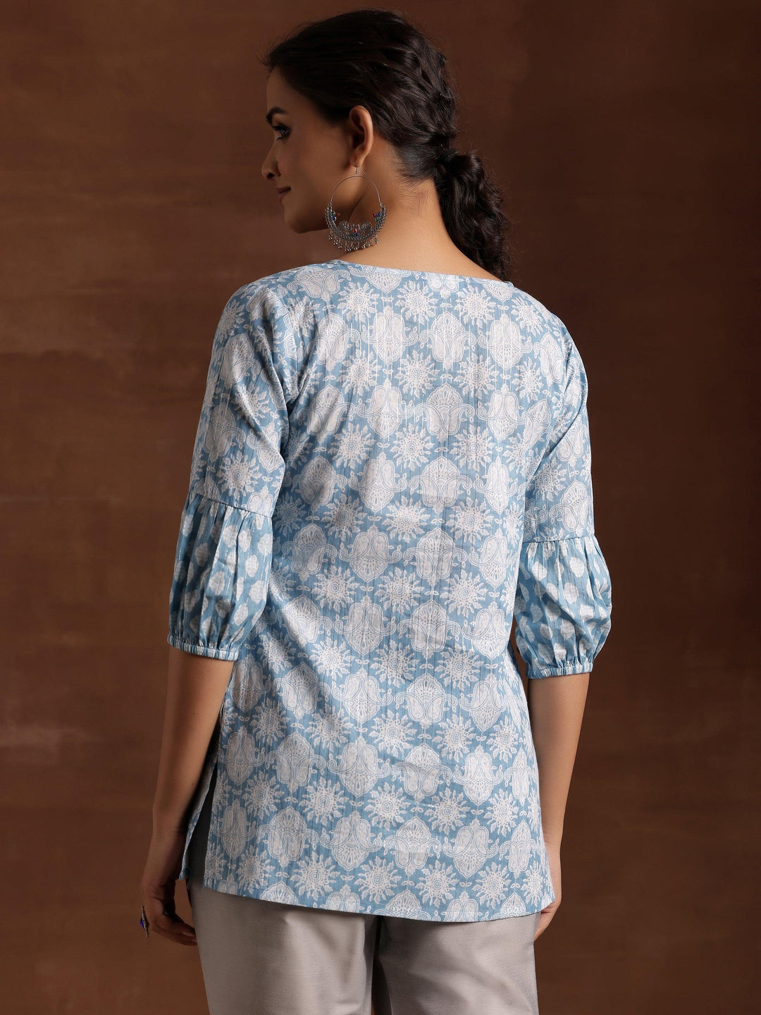 Blue Printed Cotton Straight Kurti - Libas 