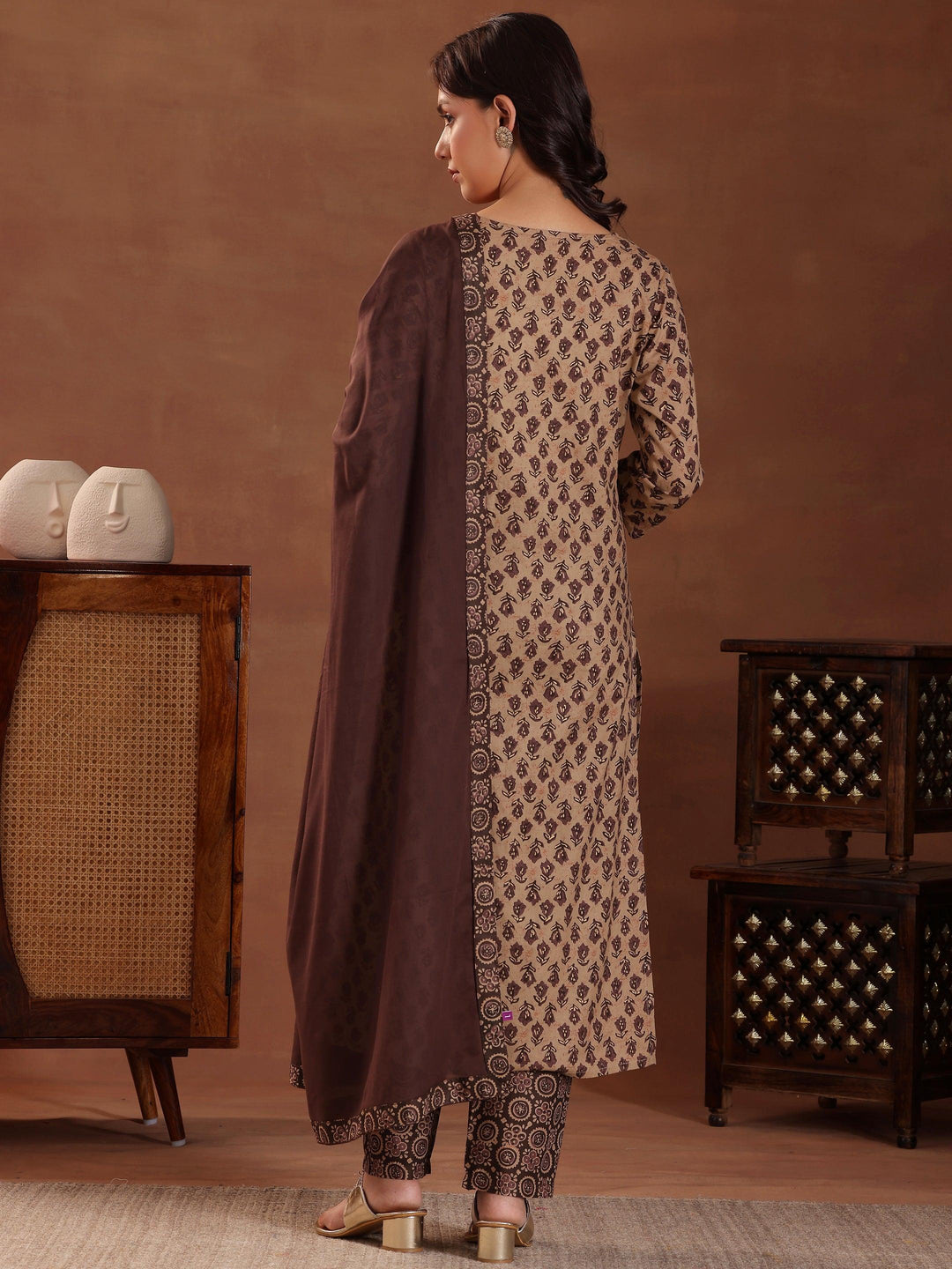 Brown Printed Cotton Straight Suit With Dupatta - Libas