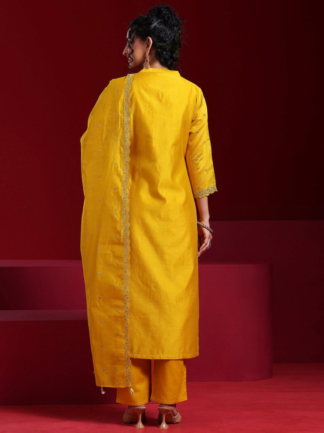 Libas Art Mustard Embroidered Chanderi Silk Straight Suit With Dupatta - Libas 