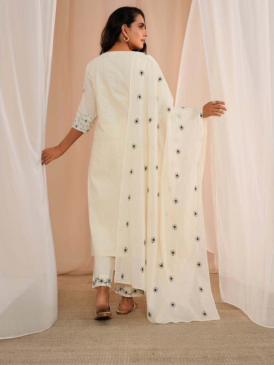 Off White Embroidered Cotton Straight Suit With Dupatta - Libas 