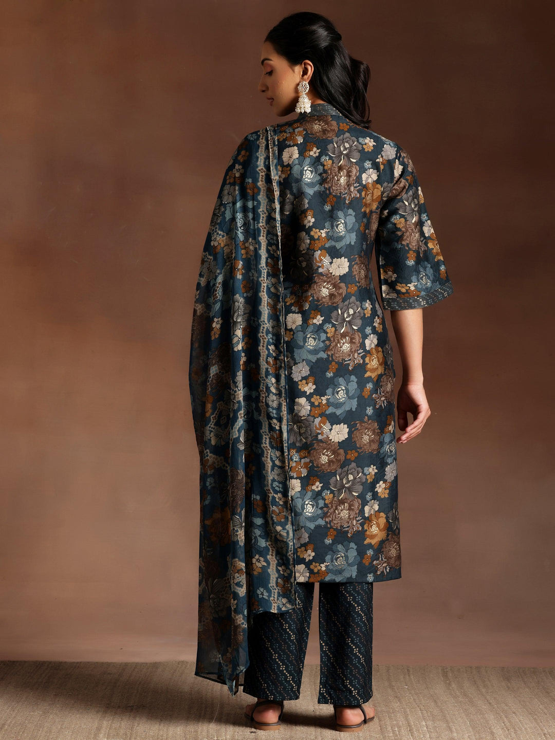 Blue Printed Silk Blend Straight Suit With Dupatta - Libas 