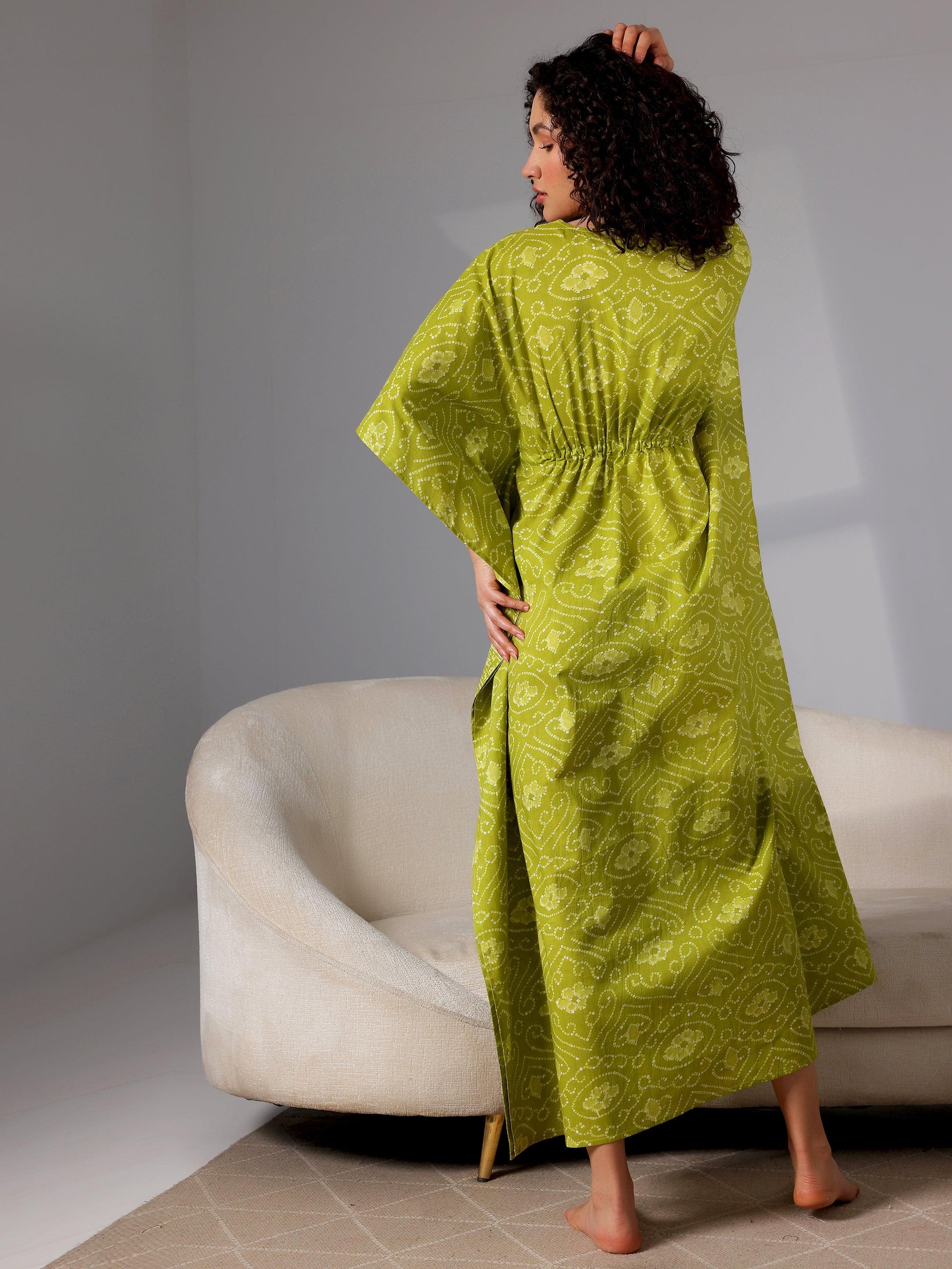 Green Printed Cotton Kaftan Night Dress