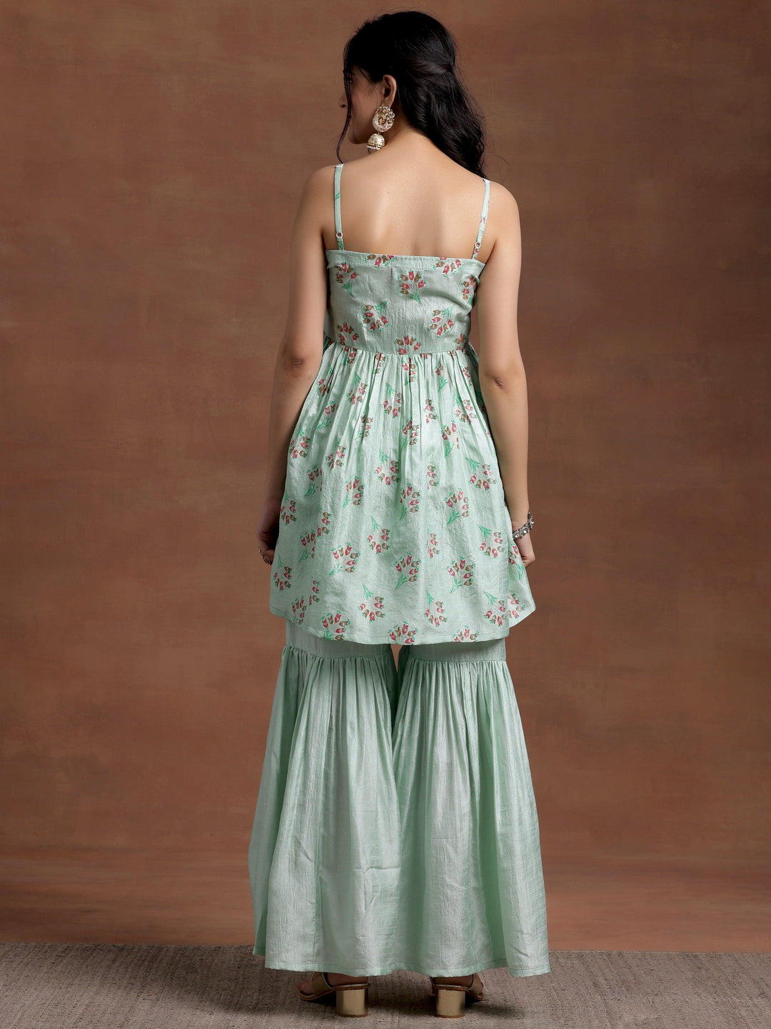 Sea Green Printed Silk Blend A-Line Kurta With Sharara - Libas