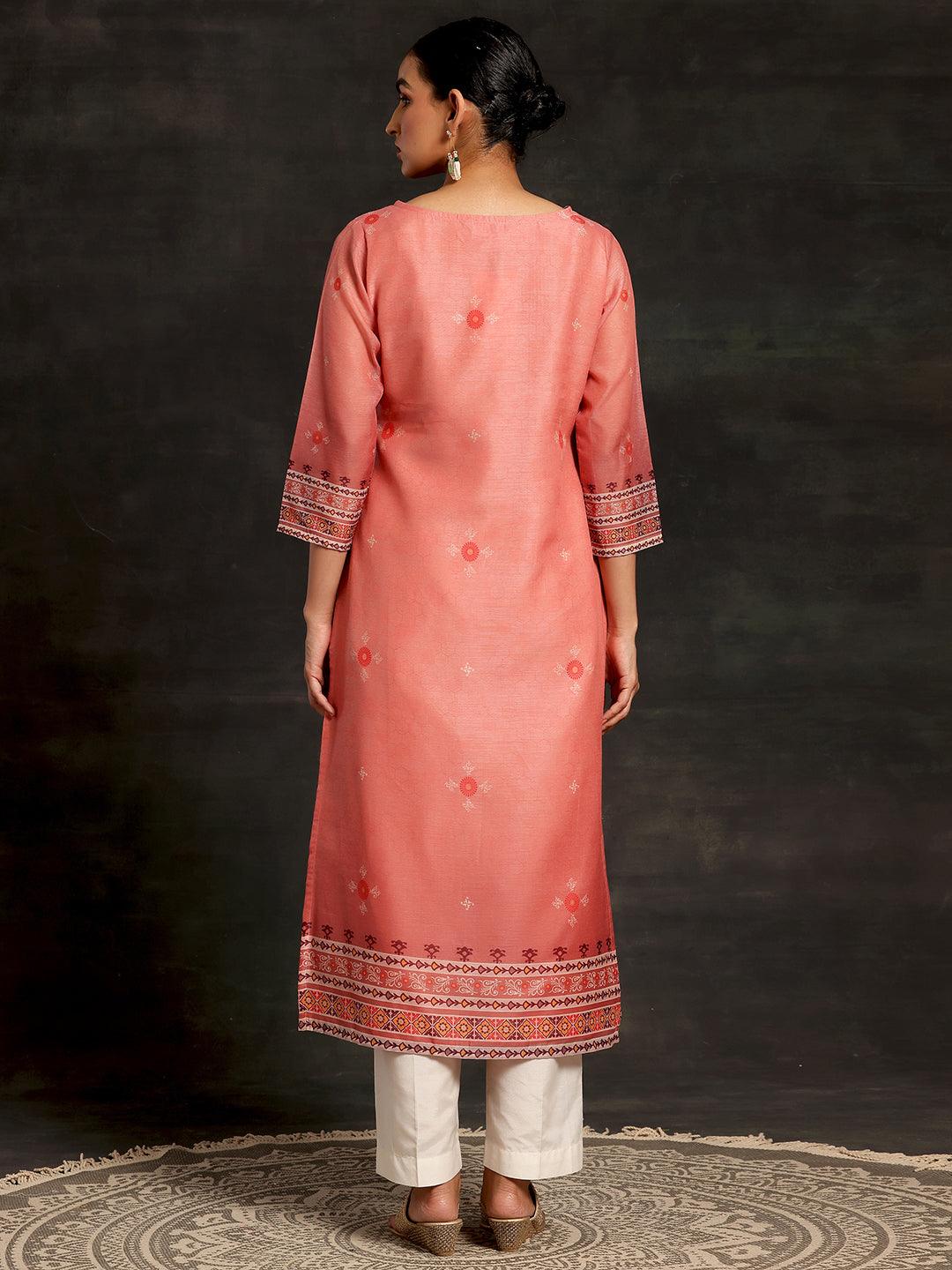 Pink Printed Chanderi Silk Straight Kurta - Libas 