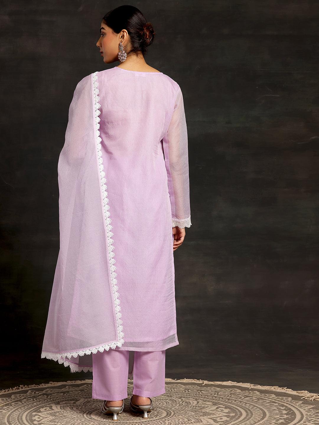 Lavender Embroidered Cotton Straight Suit With Dupatta - Libas 