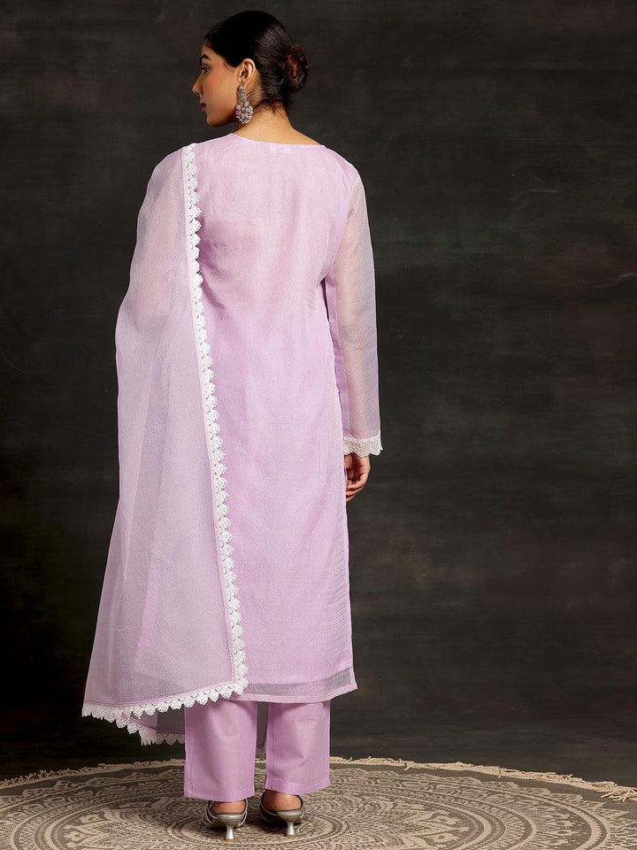 Lavender Embroidered Cotton Straight Suit With Dupatta - Libas