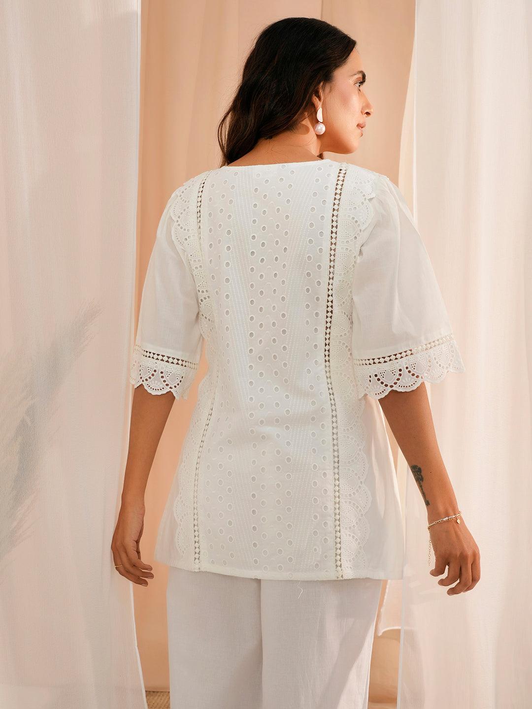 White Embroidered Cotton Straight Kurti - Libas 