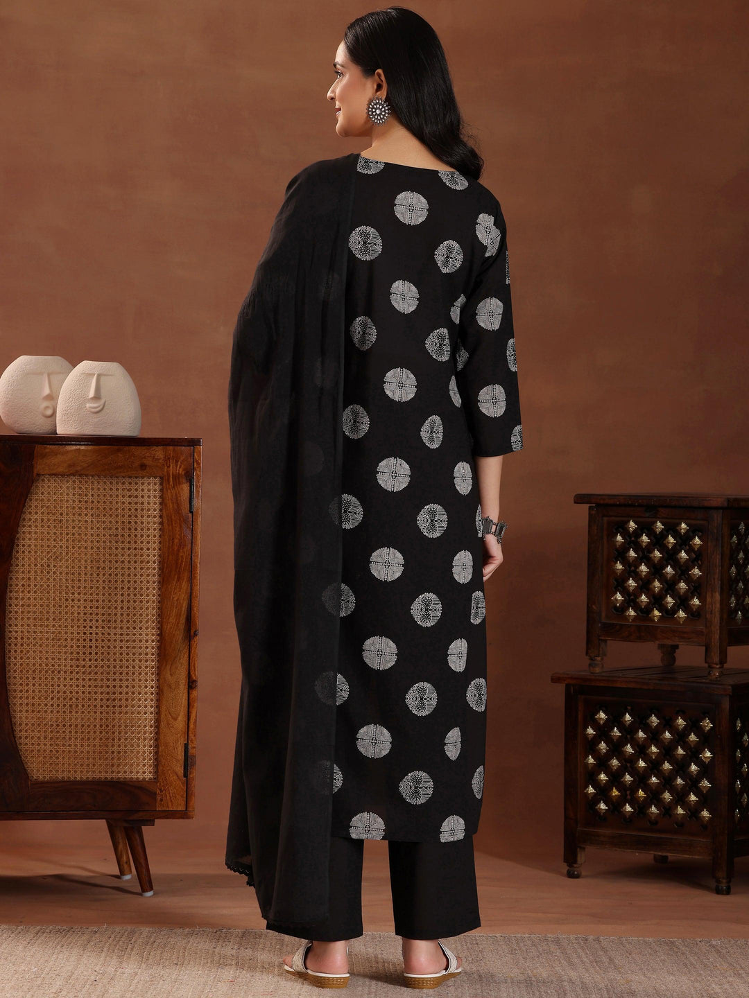 Black Printed Cotton Straight Suit With Dupatta - Libas 