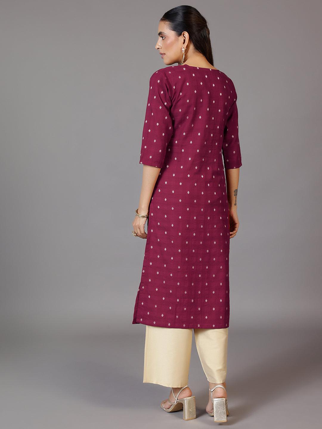 Maroon Embroidered Cotton Straight Kurta - Libas 