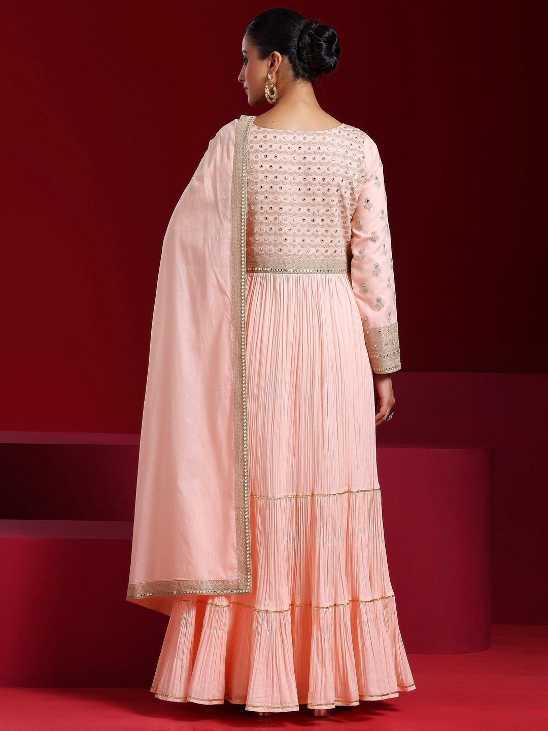 Libas Art Peach Embroidered Cotton Blend A-Line Kurta With Sharara & Dupatta - Libas 