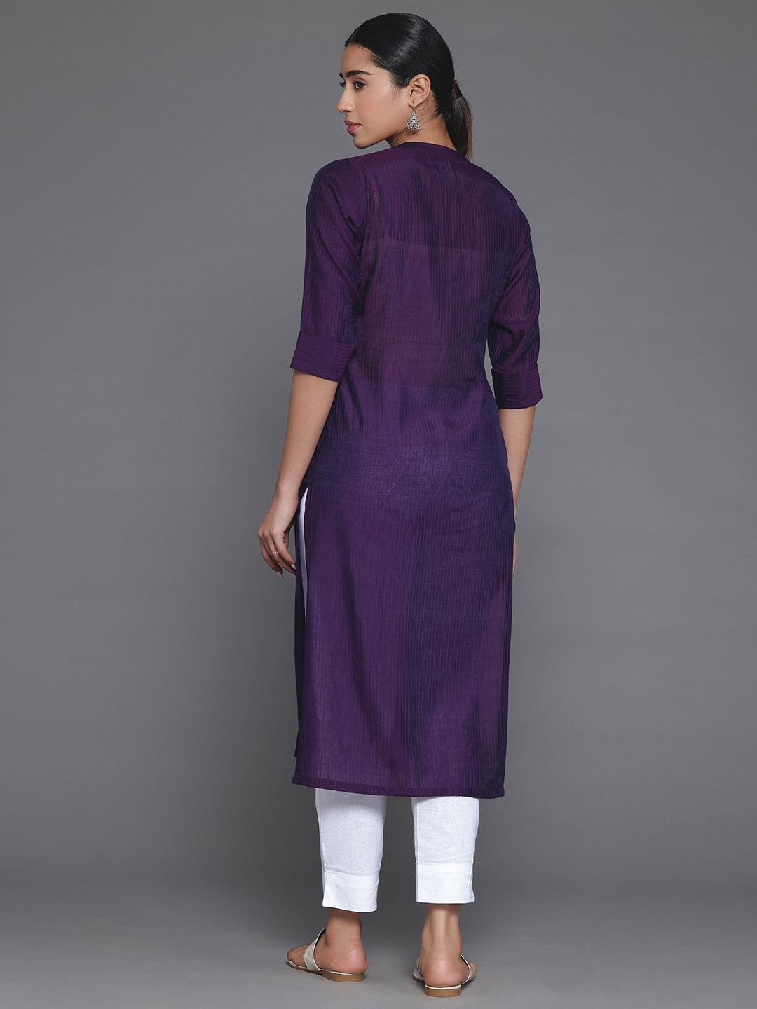 Purple Woven Design Silk Straight Kurta - Libas