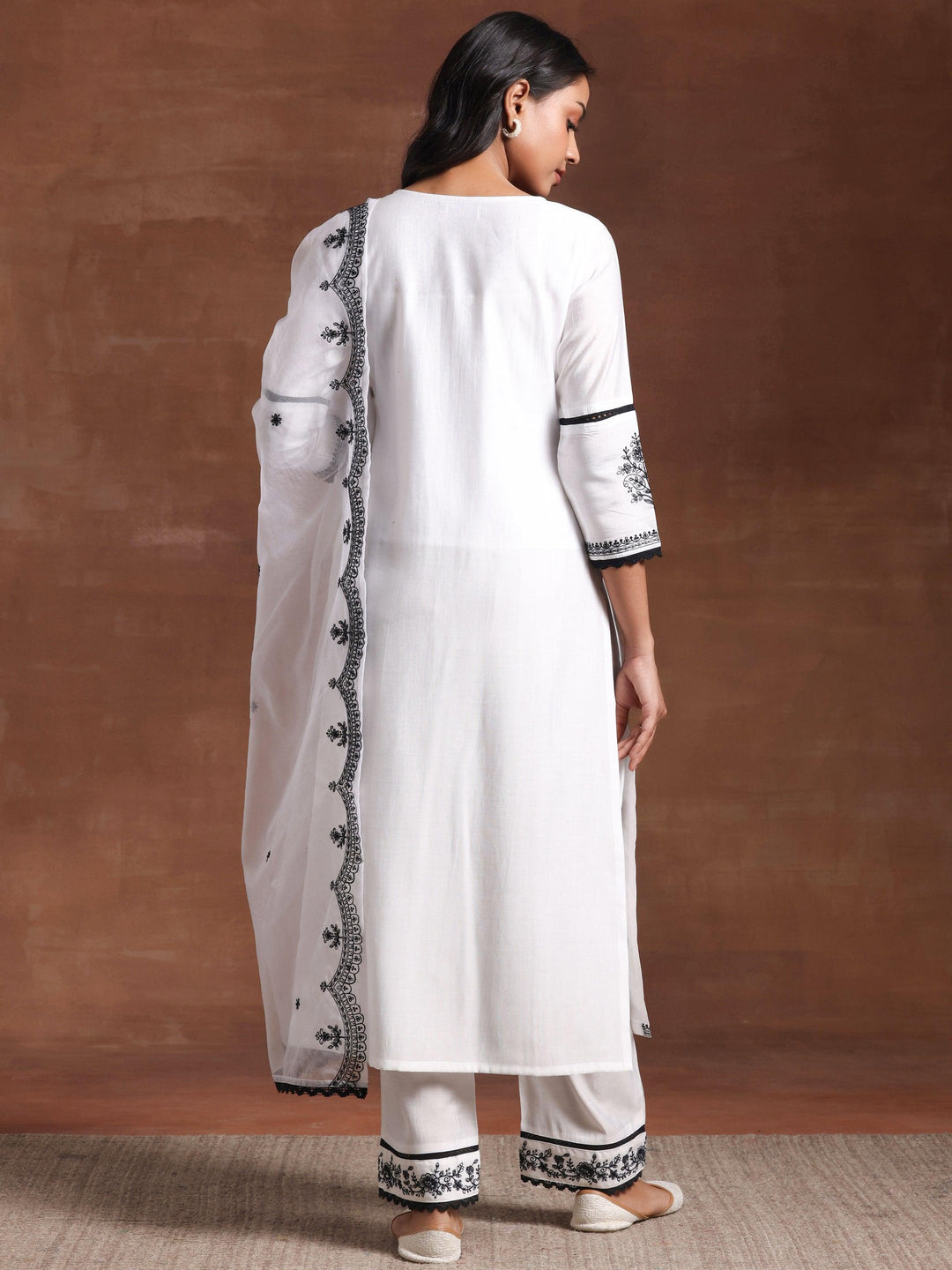 White Embroidered Silk Blend Straight Suit With Dupatta - Libas 