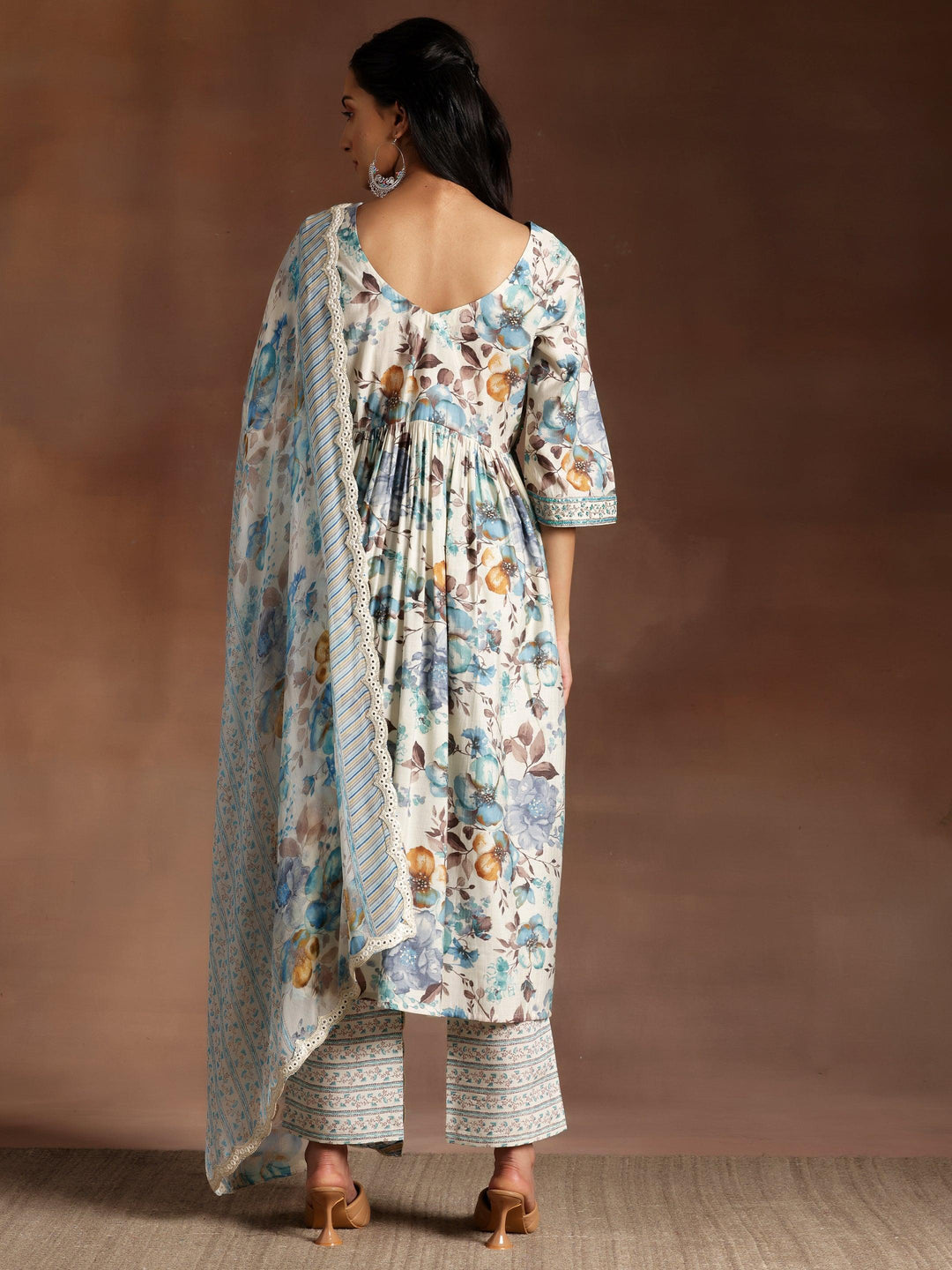 Off white Printed Silk Blend A-Line Kurta With Palazzos & Dupatta - Libas 