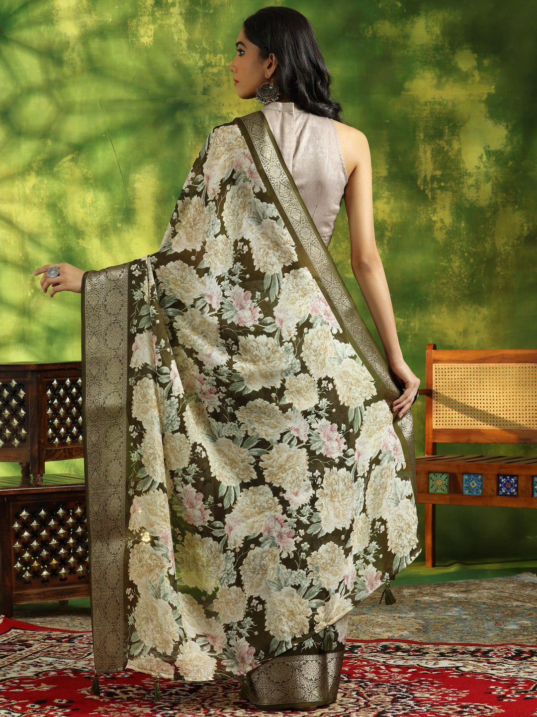 Olive Printed Silk Blend Saree With Unstitched Blouse Piece - Libas 