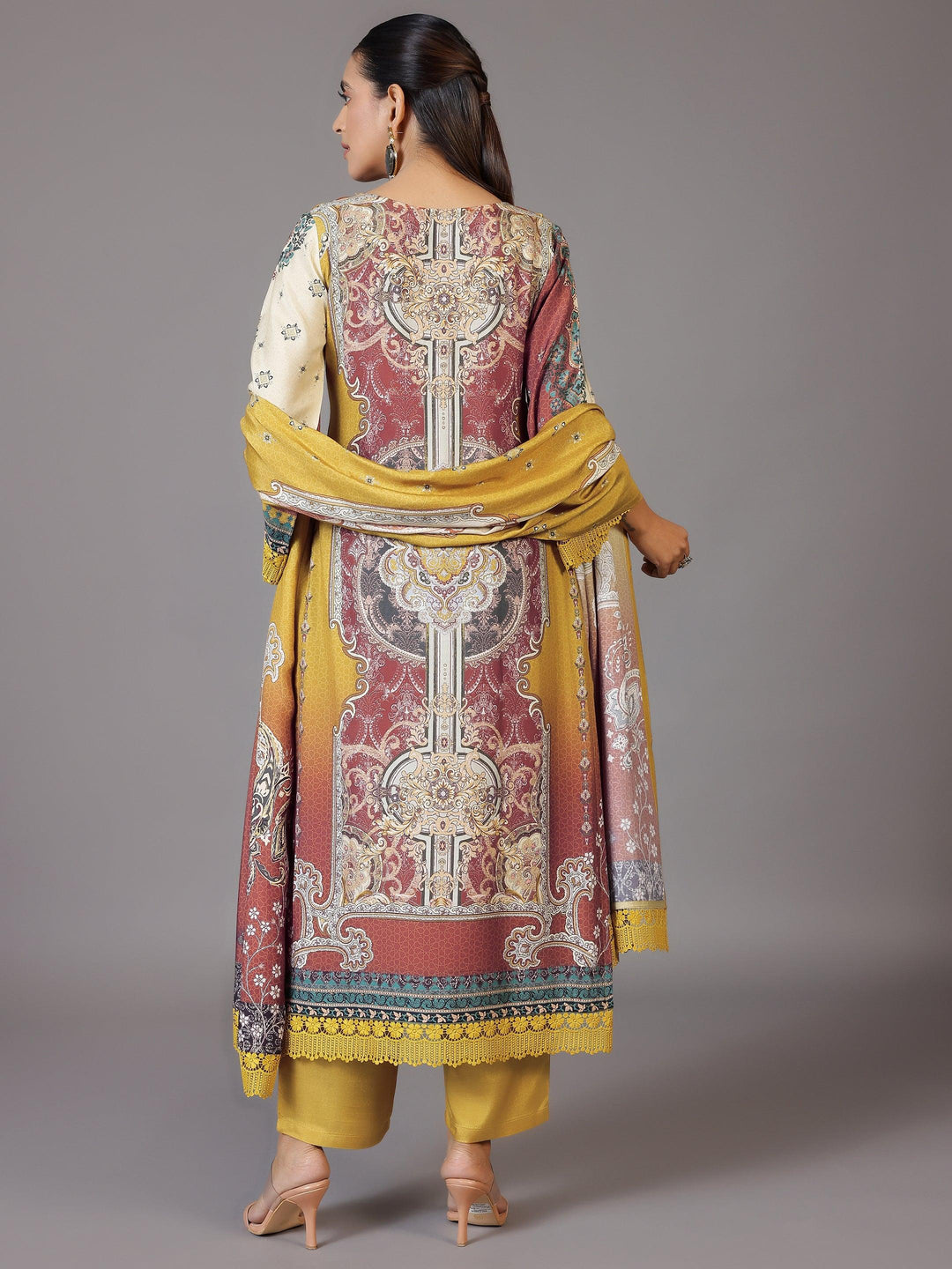 Mustard Printed Silk Blend Straight Suit With Dupatta - Libas 