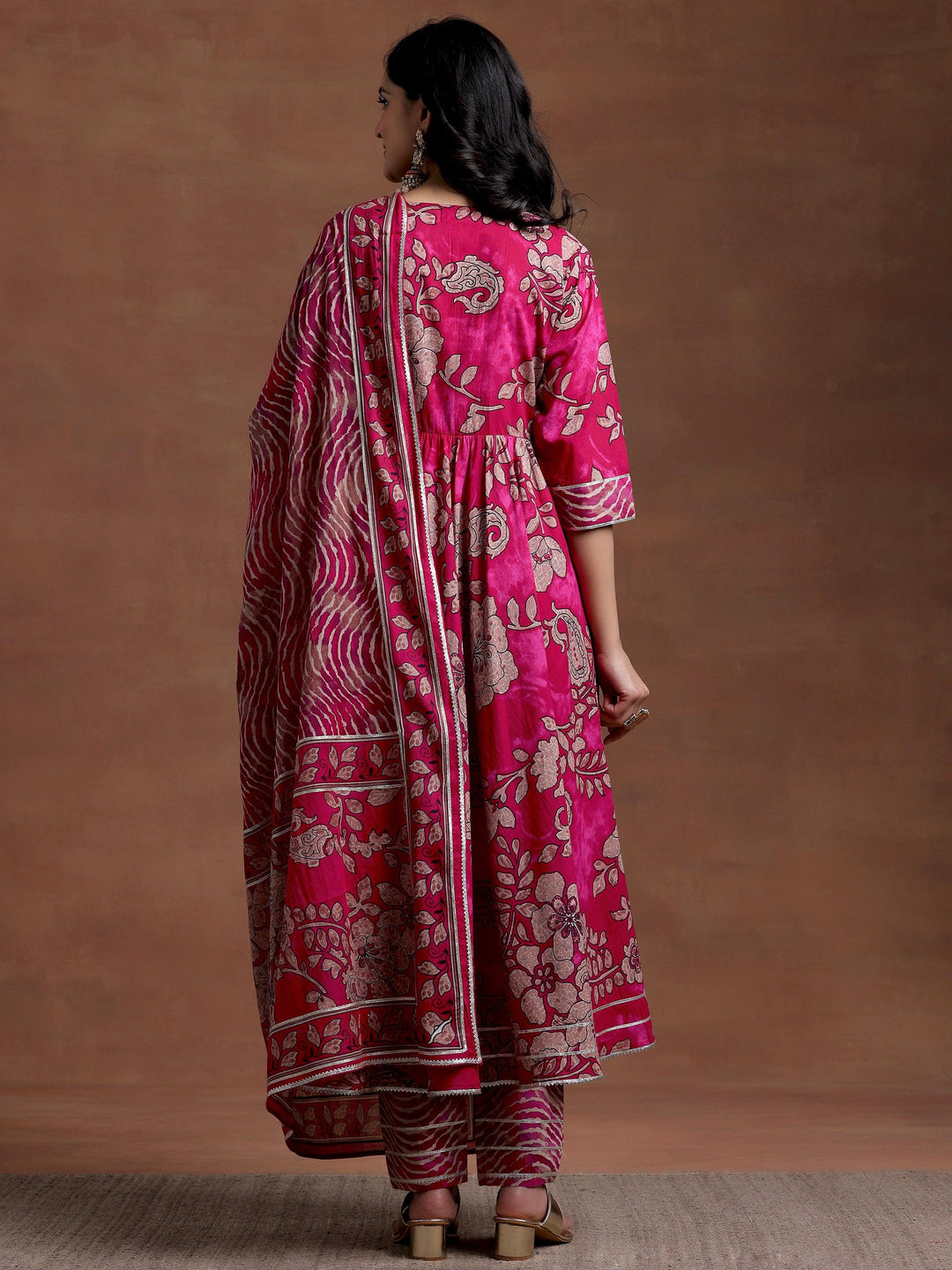 Magenta Printed Cotton Anarkali Suit With Dupatta - Libas 