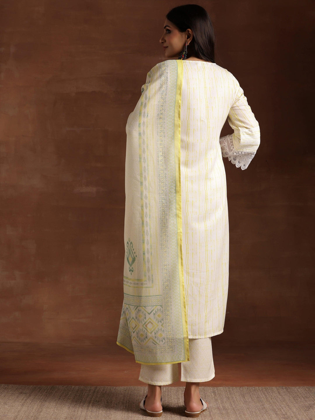 Off White Embroidered Cotton Blend Straight Suit With Dupatta - Libas