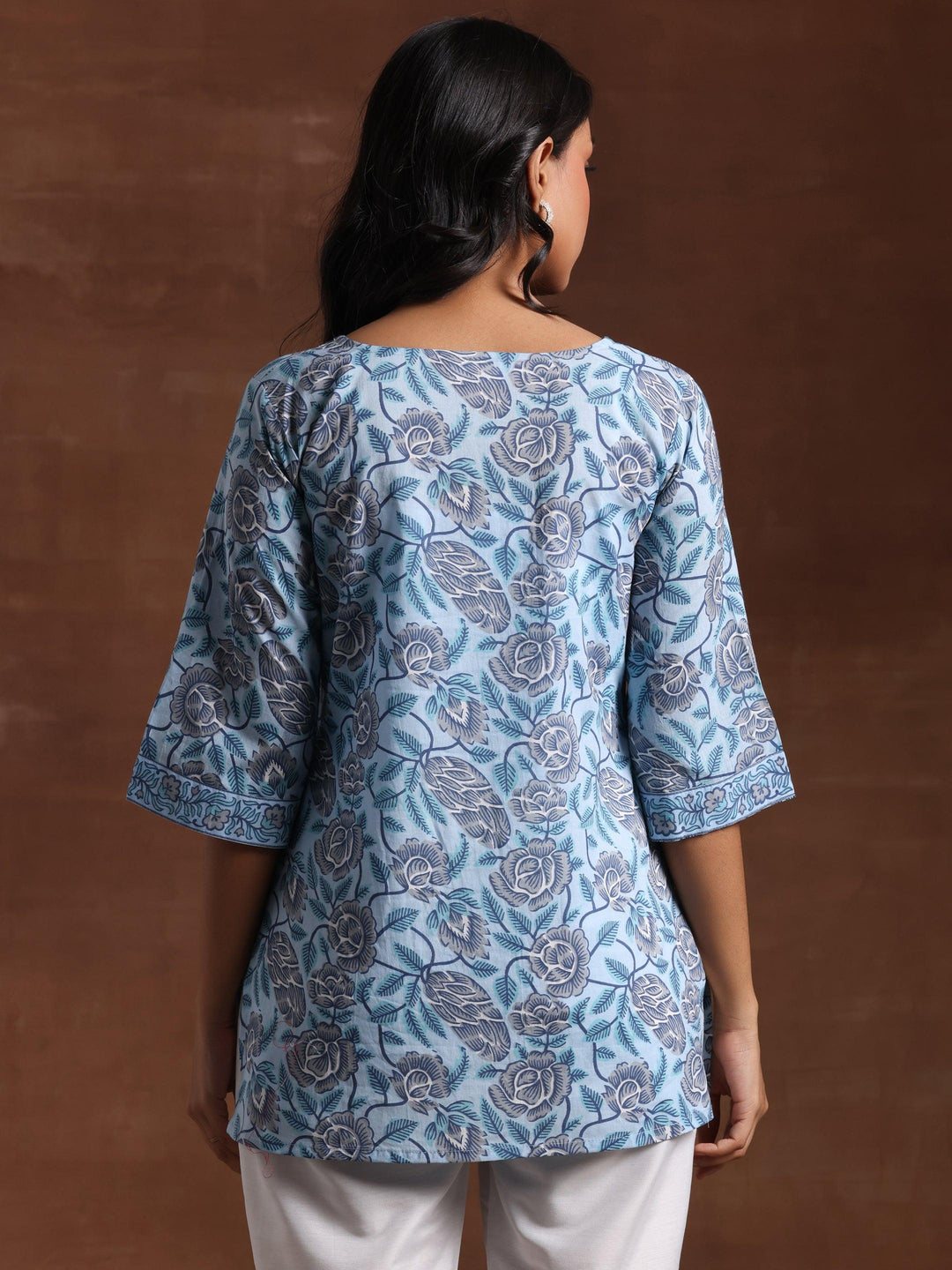 Blue Printed Cotton Straight Kurti - Libas 