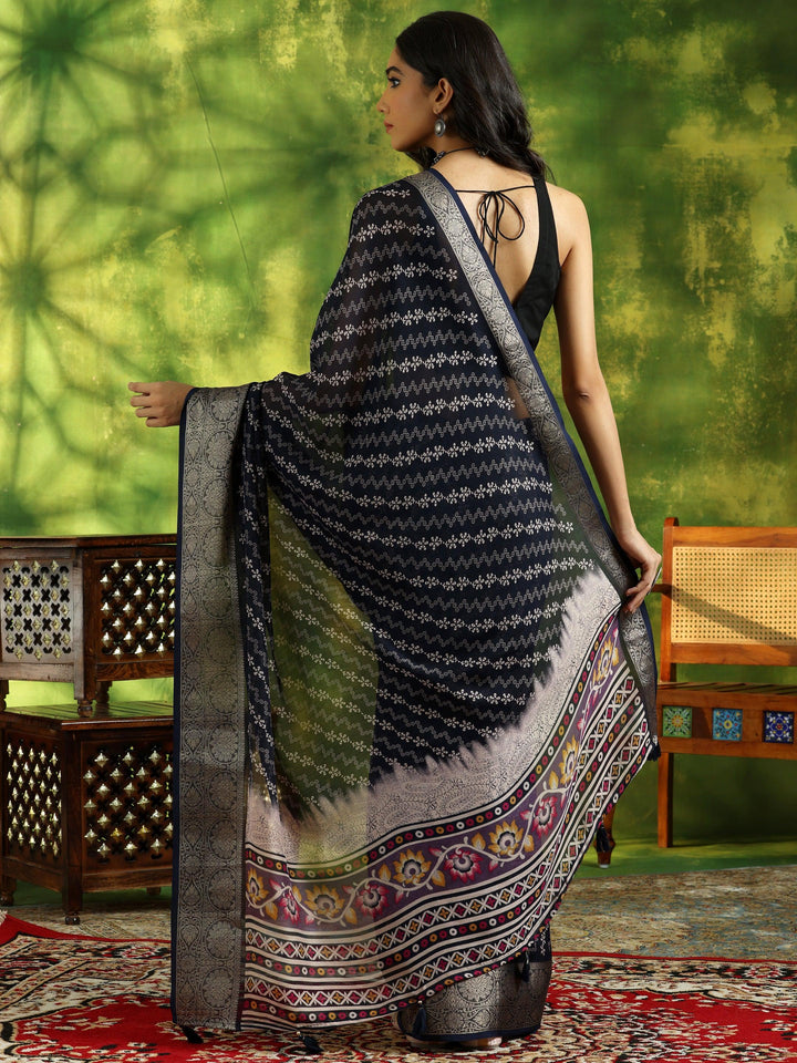 Blue Printed Silk Blend Saree With Unstitched Blouse Piece - Libas