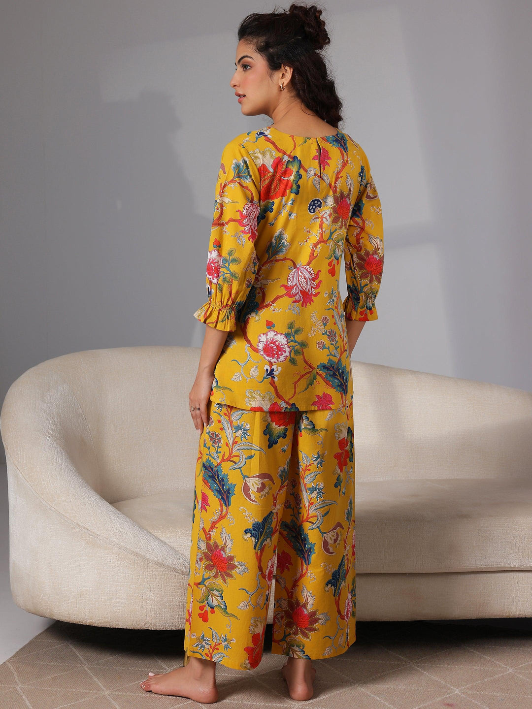 Mustard Printed Cotton Night Suits - Libas 