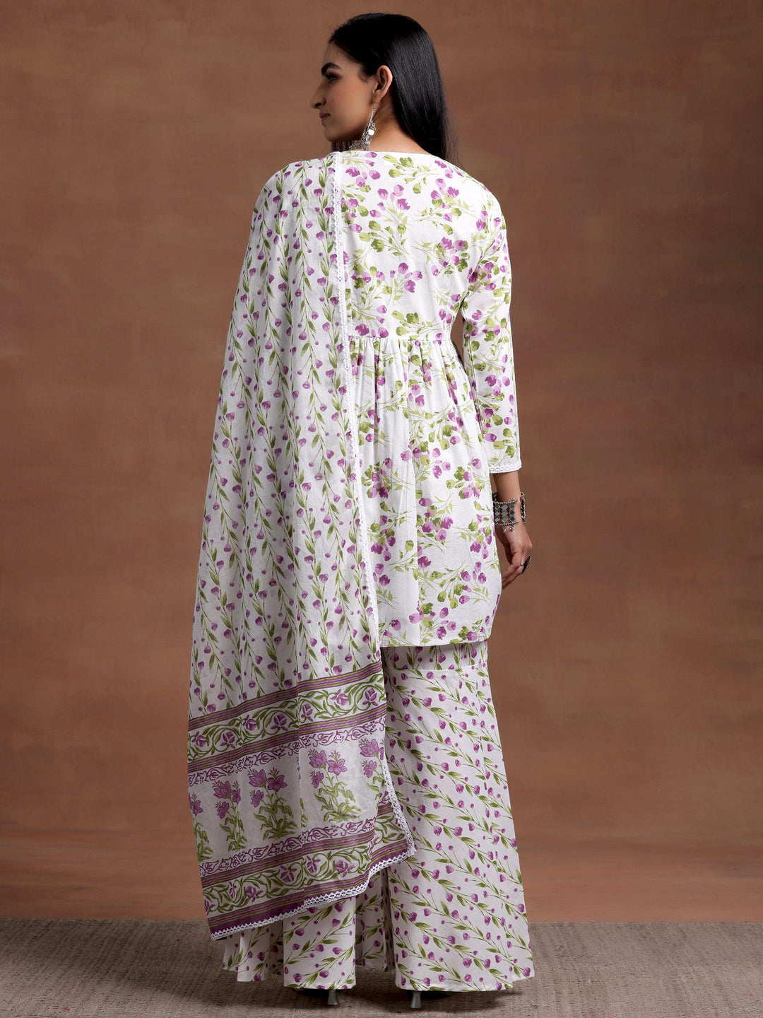 Off White Printed Cotton A-Line Kurta With Sharara & Dupatta - Libas