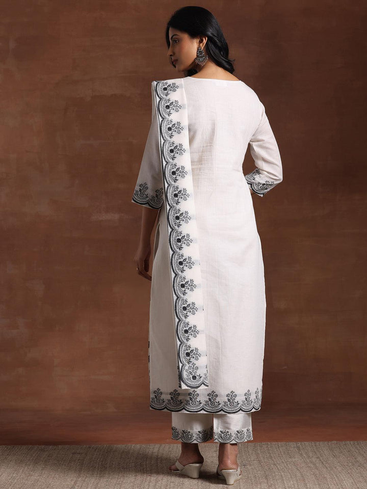 White Woven Design Cotton Straight Suit With Dupatta - Libas