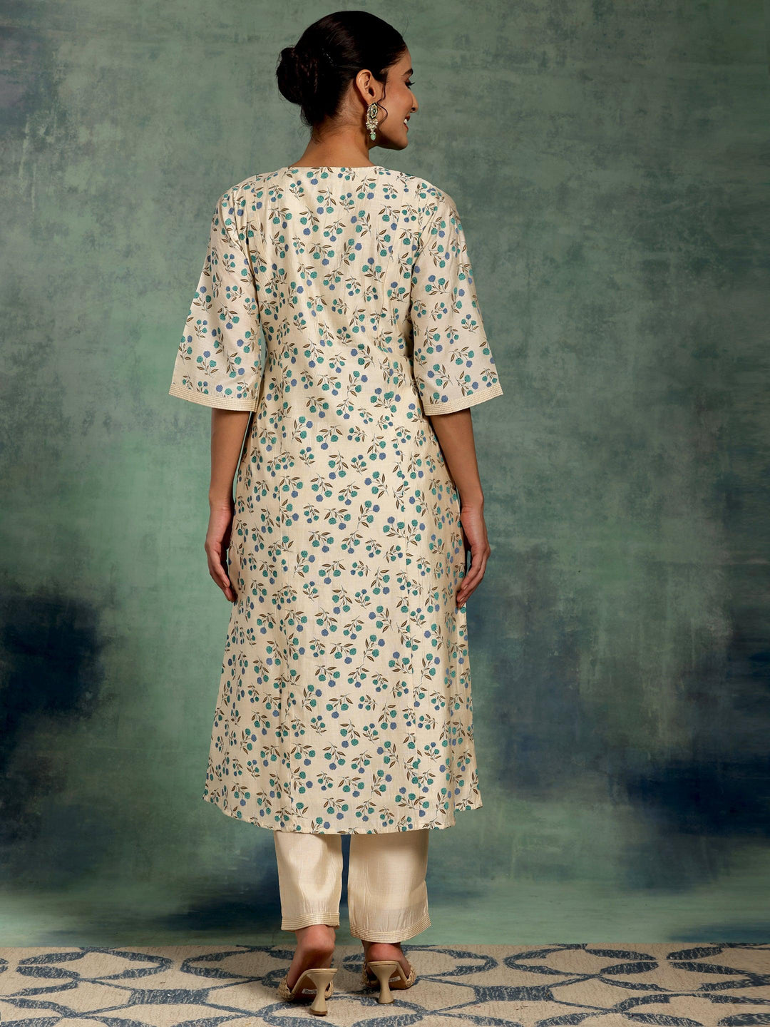 Beige Printed Chanderi Silk A-Line Kurta With Palazzos - Libas