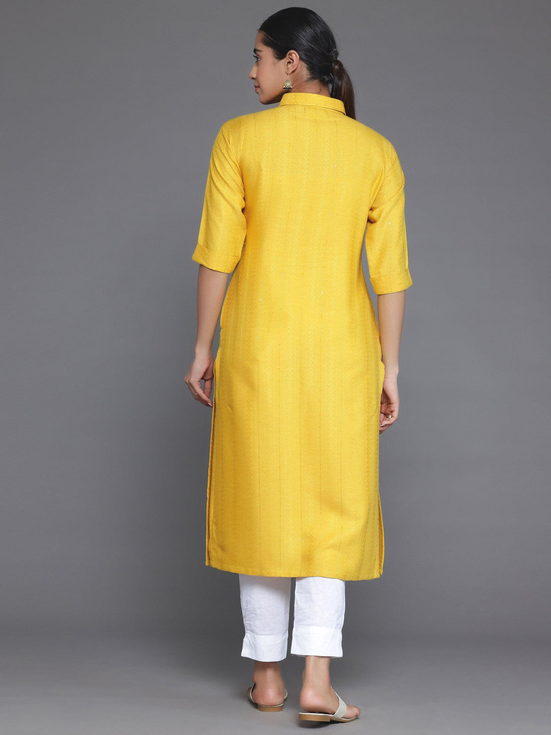 Yellow Woven Design Cotton Straight Kurta - Libas 