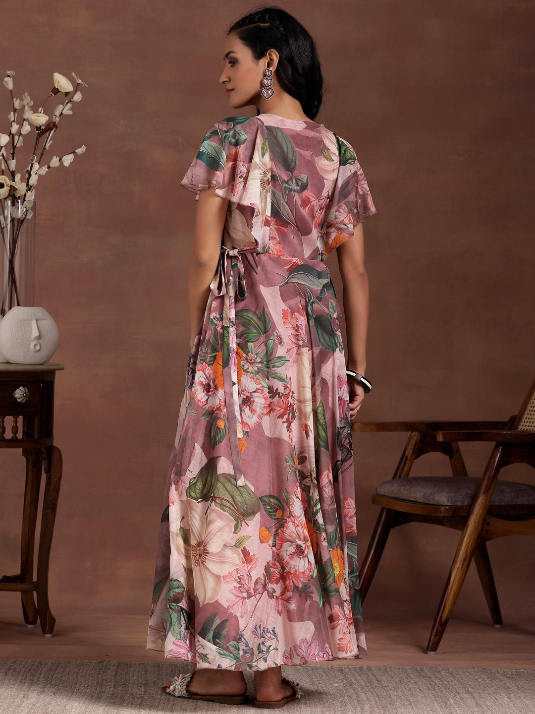 Mauve Printed Chiffon A-Line Dress With Belt - Libas 