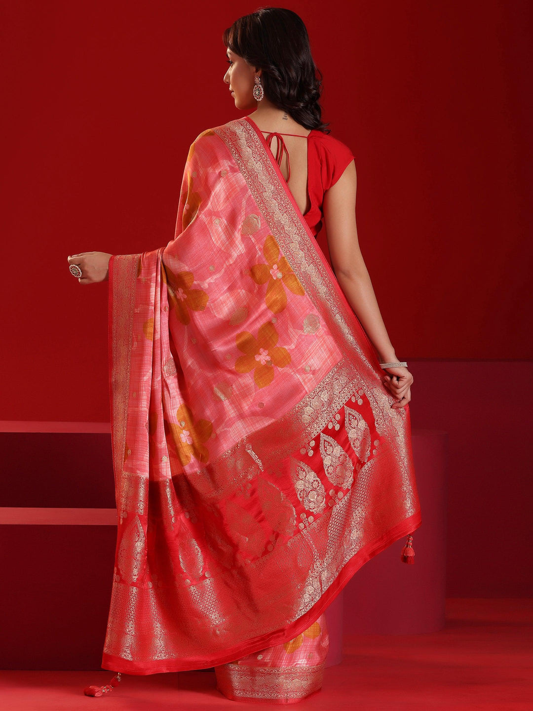 Libas Art Peach Printed Satin Saree With Unstitched Blouse Piece - Libas