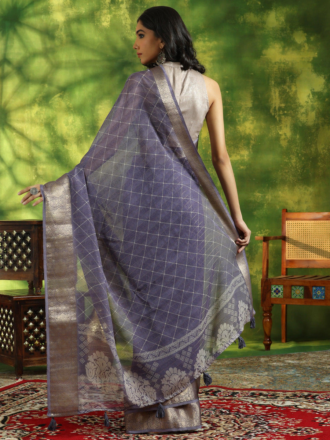 Blue Lilac Printed Silk Blend Saree With Unstitched Blouse Piece - Libas