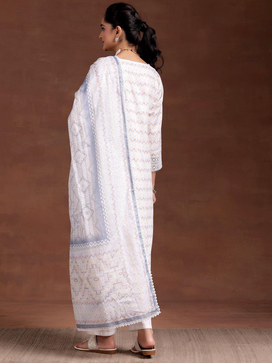 Off White Embroidered Cotton Blend Straight Suit With Dupatta - Libas 