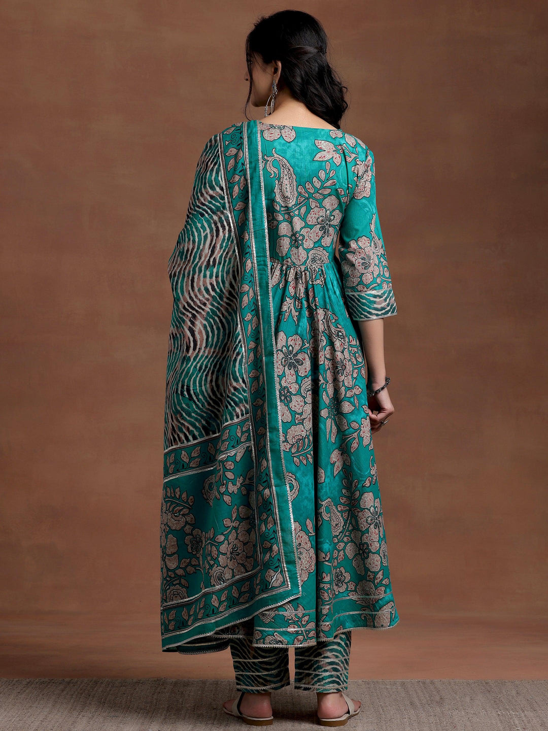 Green Printed Cotton Anarkali Suit With Dupatta - Libas 