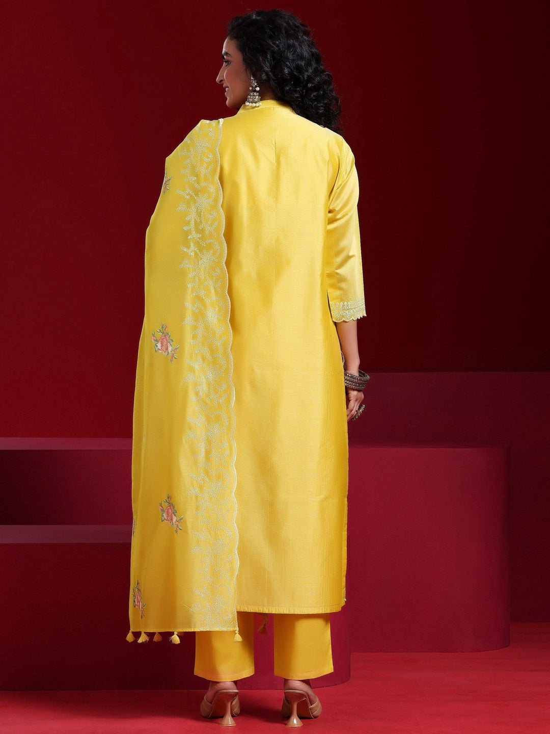 Libas Art Yellow Embroidered Chanderi Silk Straight Suit With Dupatta - Libas 